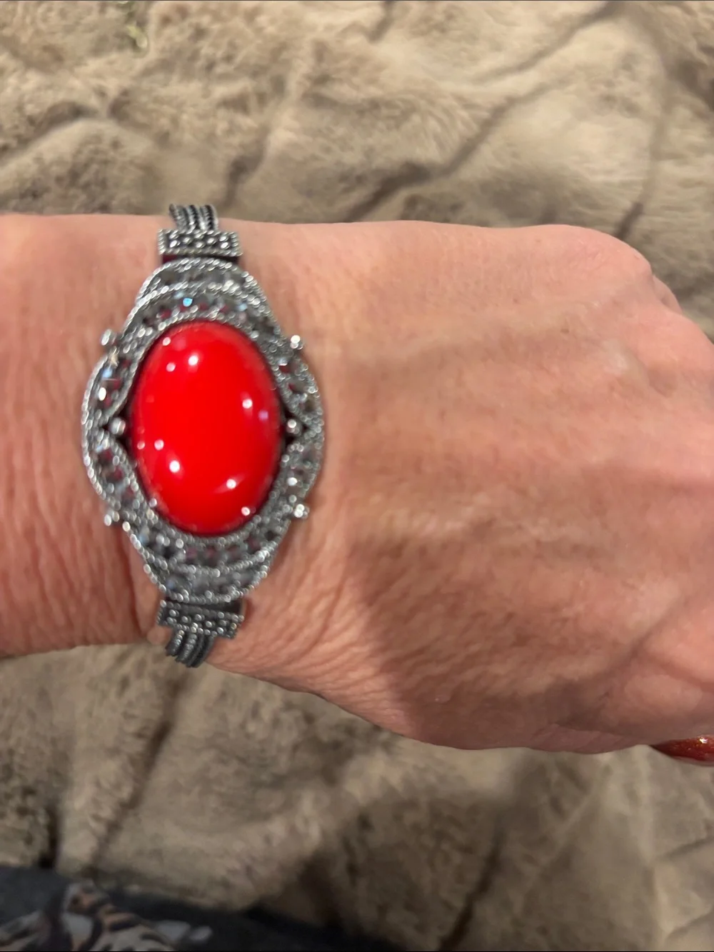 Silver-Tone Bracelet with Red Cabochon Center